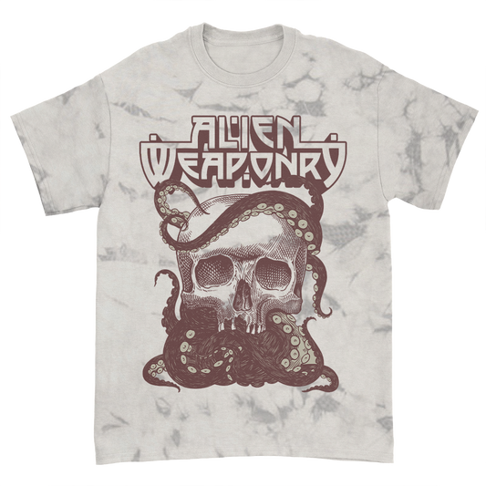 Silver crystal dyed t-shirt with the Alien Weaponry Tenta-Skull design featuring a skull and tentacles printed in brown.