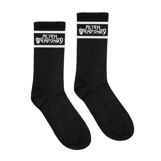 Alien Weaponry branded black socks featuring white logo detailing.