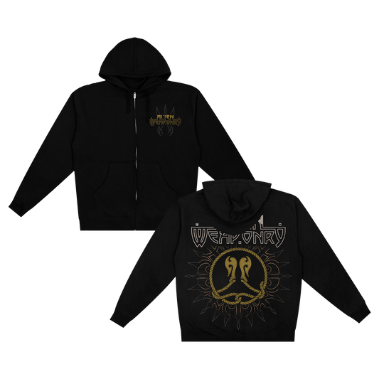 Black zip-up hoodie featuring the Alien Weaponry logo in gold on the chest and a large back print with stylized rope imagery and twin serpent heads, encircled by sharp sunburst lines.