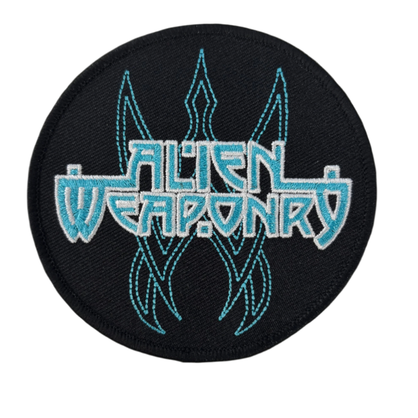 Round black patch with 'Alien Weaponry' text and blue designs.