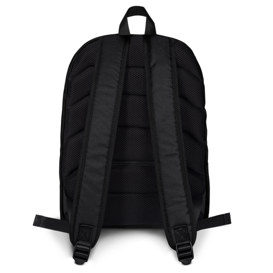 Black backpack shown from the back on a white background