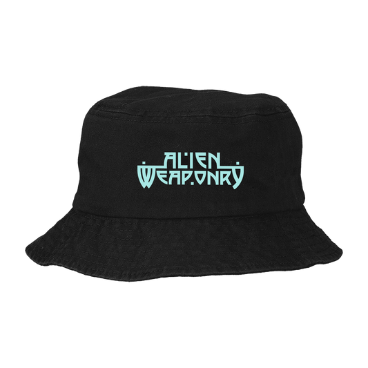 A black bucket hat with the 'Alien Weaponry' logo embroidered in blue on the front.