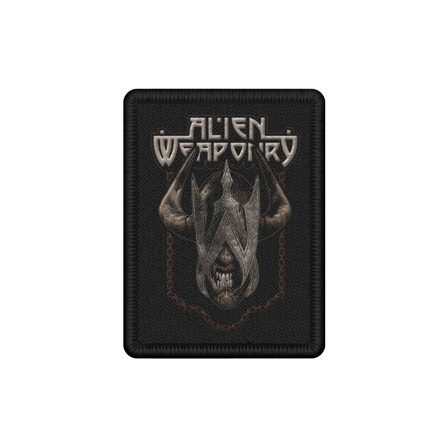 A black woven patch featuring an embroidered logo of Alien Weaponry, depicting a stylized face.