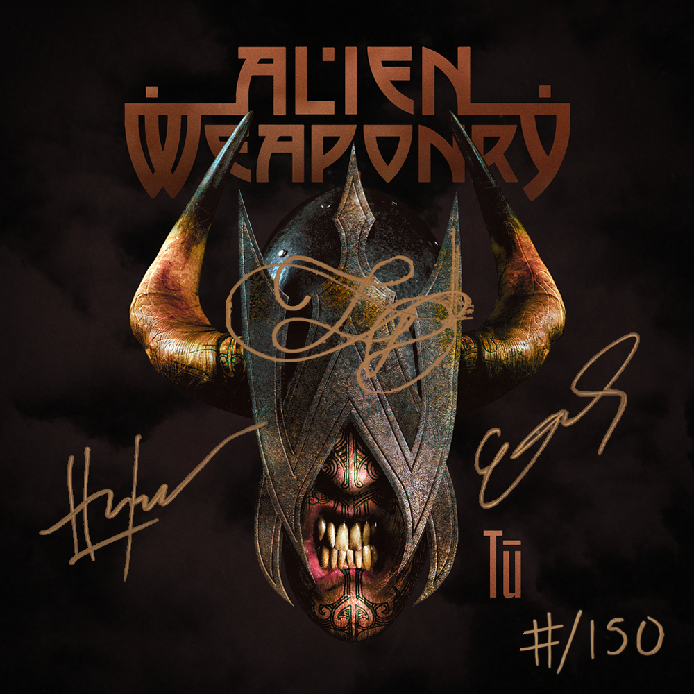 A signed 12x12 inch lithograph of Alien Weaponry featuring a stylized, metallic creature head with the artist's signatures.