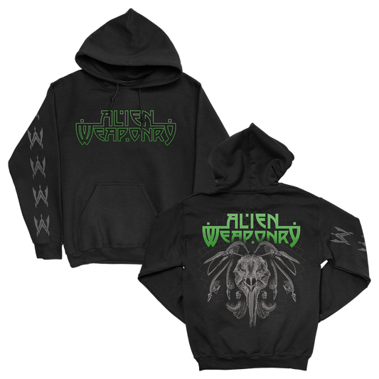 A black pullover hoodie with the ' Alien Weaponry ' logo printed in green on the front and additional logo text along the sleeves.