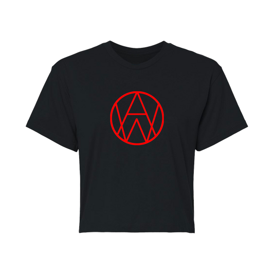Black women's crop t-shirt with the red Alien Weaponry logo printed in the center.
