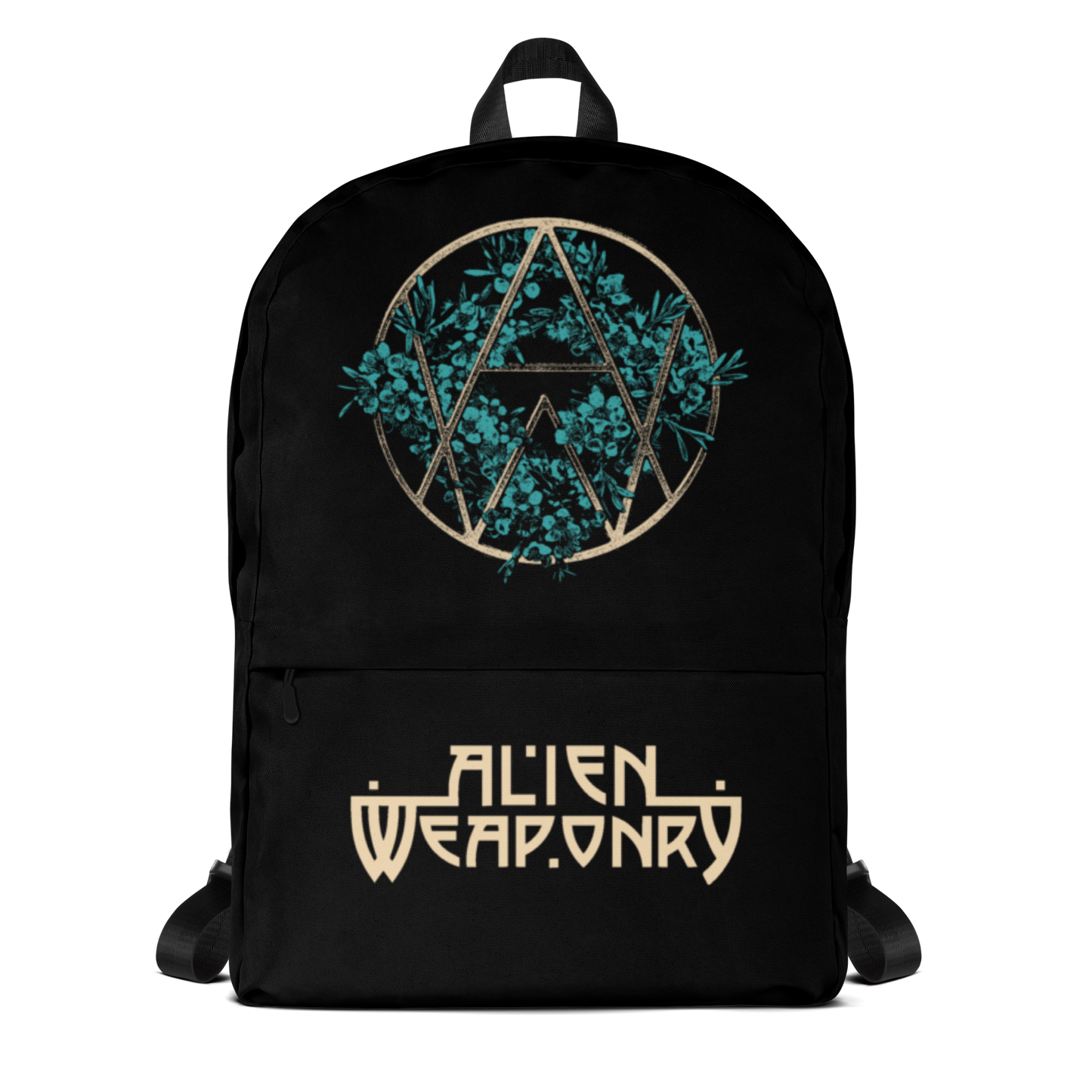 A black backpack featuring a circular metallic gold and teal graphic on the upper front, with the stylized text 'ALIEN WEAPONRY' printed below in gold on the lower front pocket.