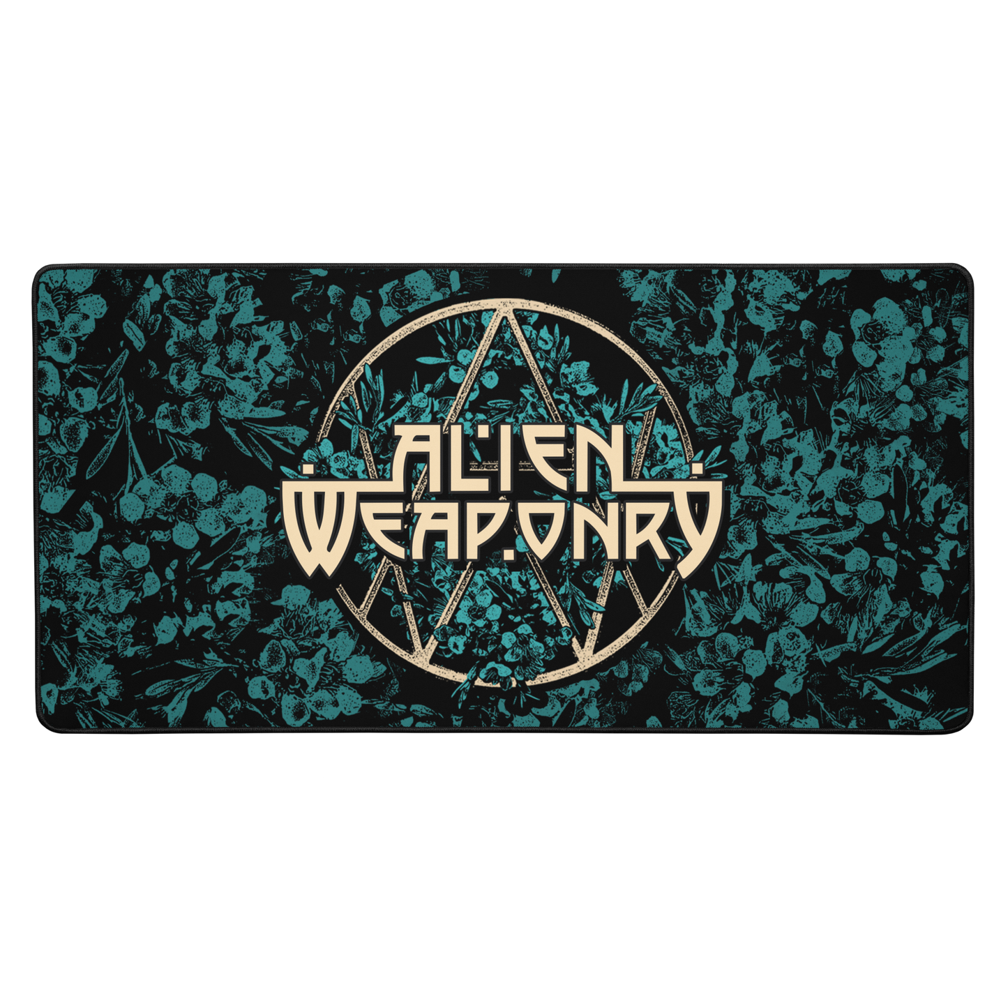 A rectangular gaming mouse pad with a black background, teal floral pattern, and a central gold-colored 'Alien Weaponry' logo, shown against a plain white background.