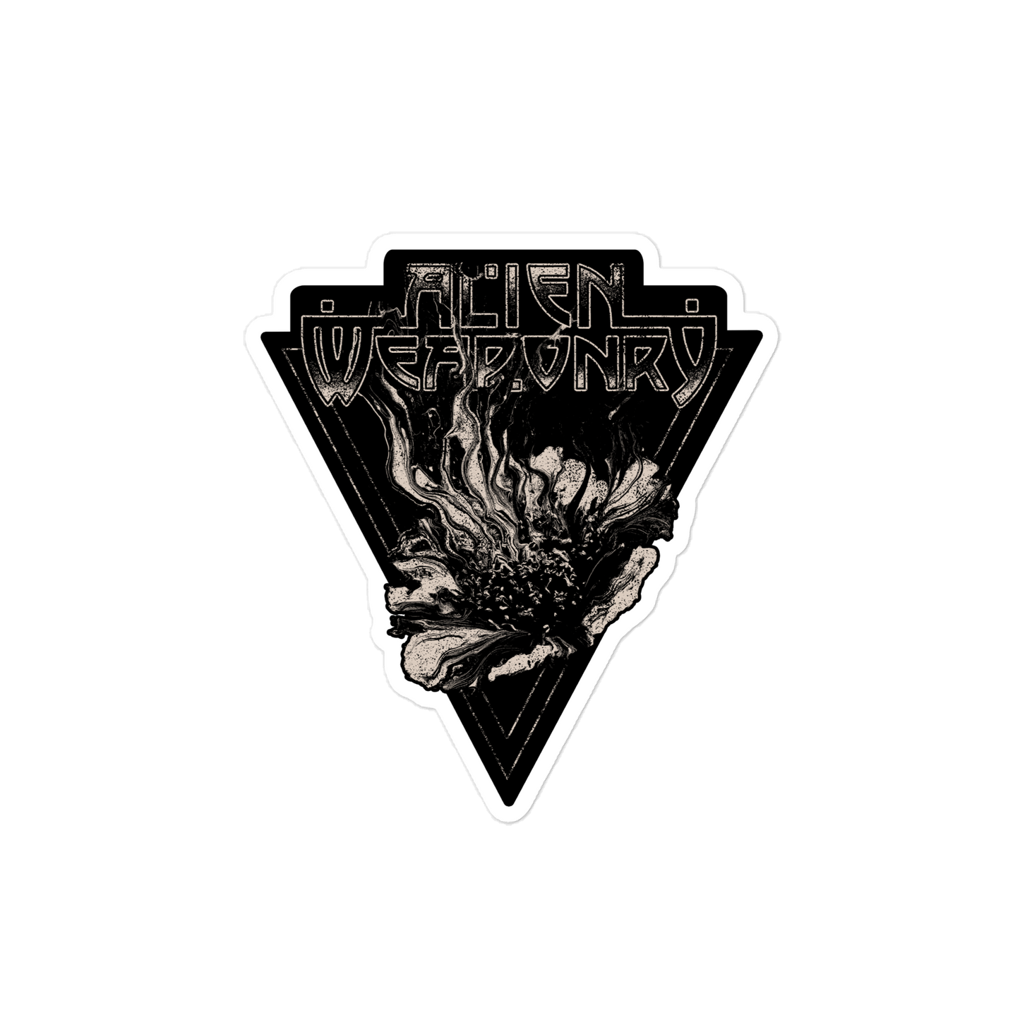 Sticker with 'Alien Weaponry' logo and black and white design on a white background