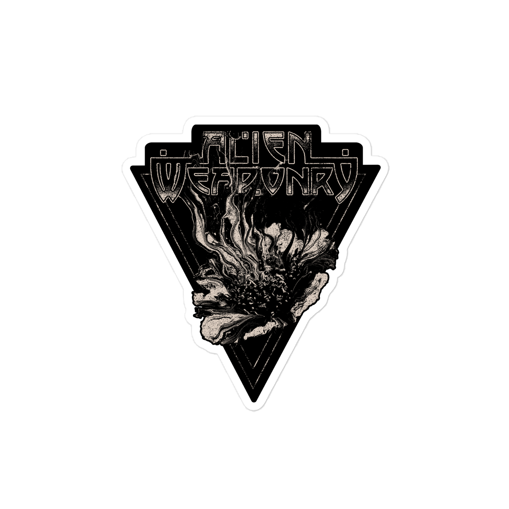 Sticker with 'Alien Weaponry' logo and black and white design on a white background