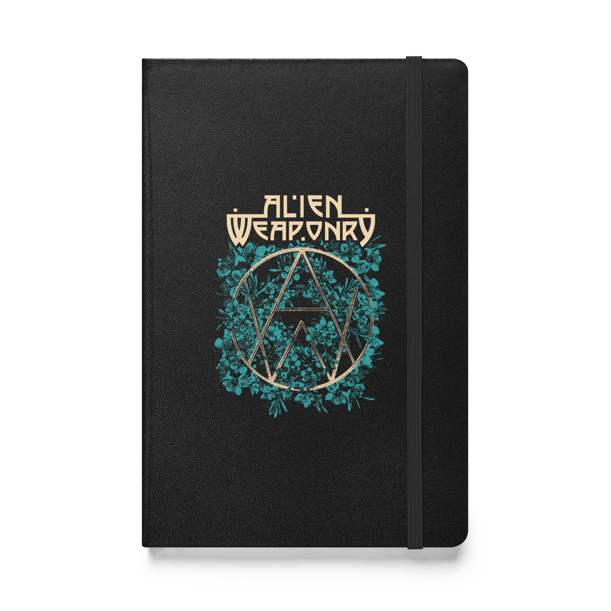 A black hardcover notebook featuring a metallic gold and teal graphic of the band Alien Weaponry logo on the front, set against a plain white background.