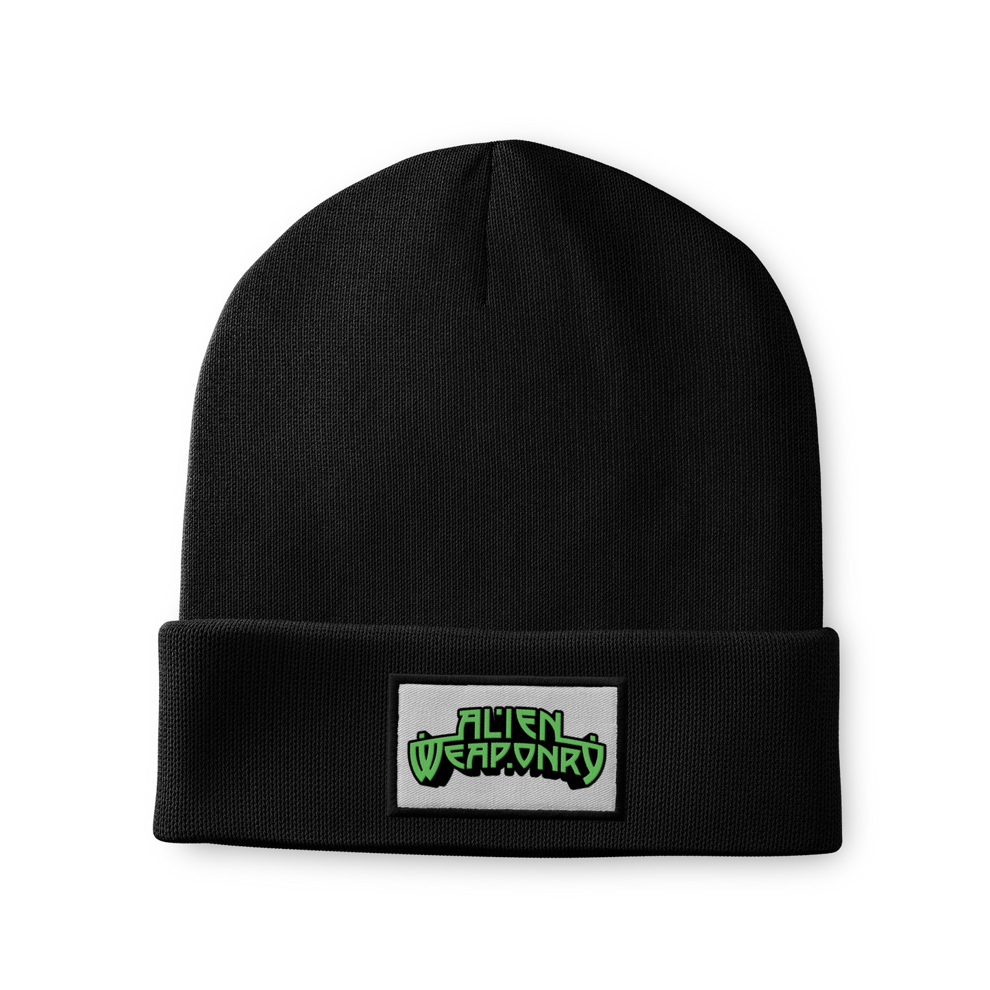 A black cuffed beanie with a sewn patch featuring the Alien Weaponry logo on the front.