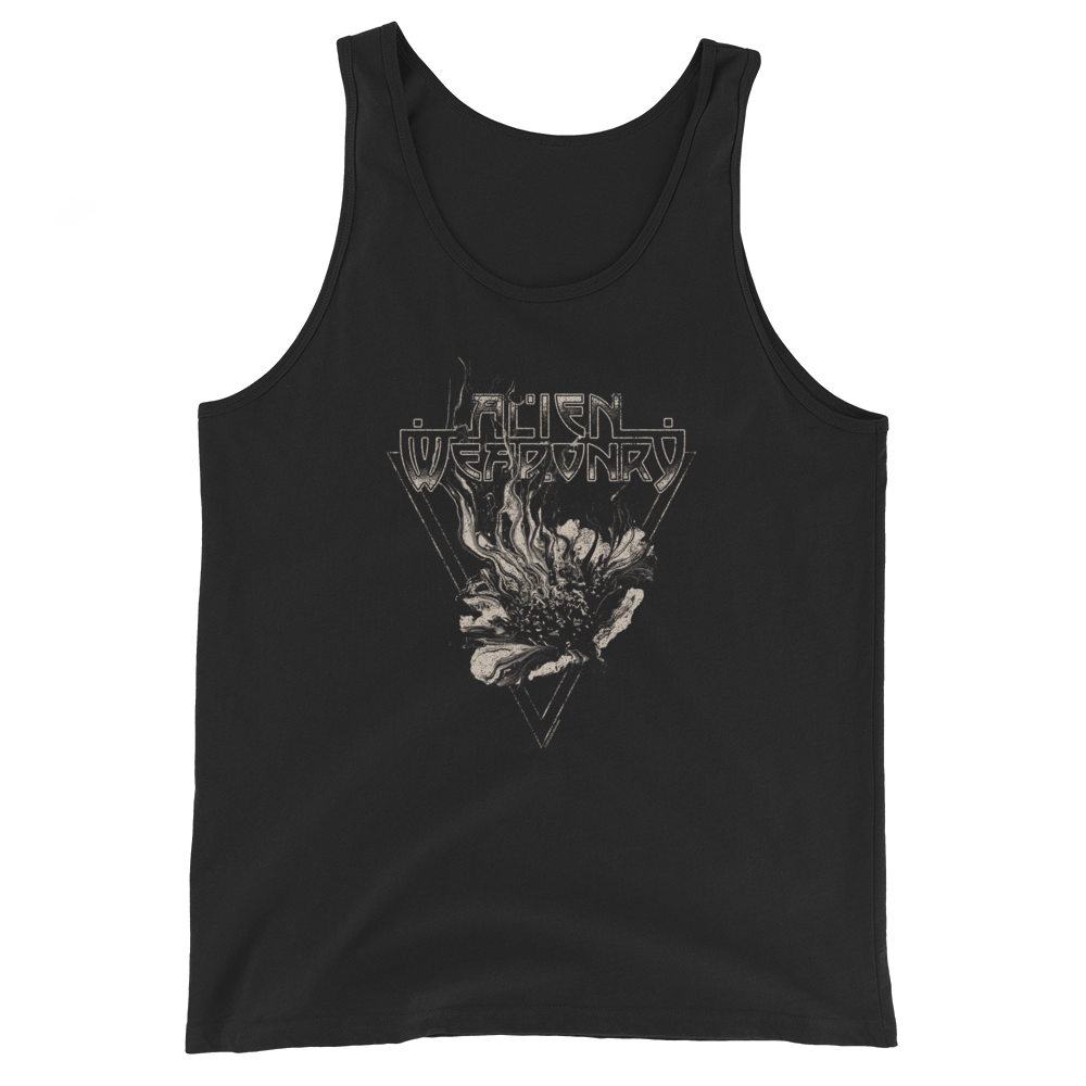 Black tank top with graphic design and text on a white background
