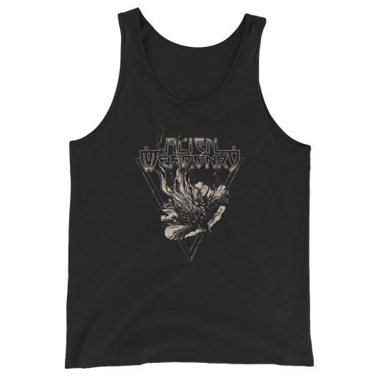 Black tank top with graphic design and text on a white background