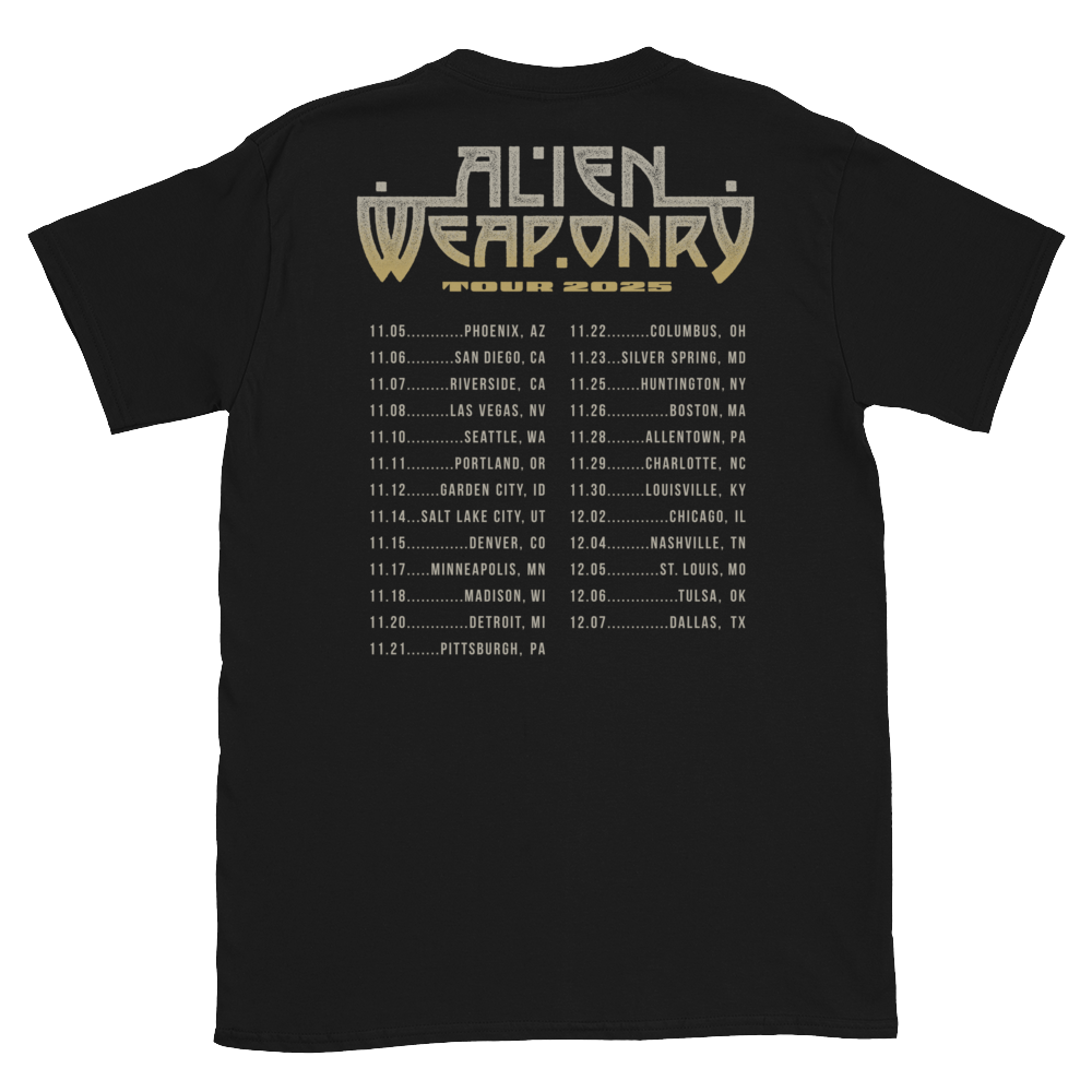 Black t-shirt with 'Alien Weaponry' logo and tour dates on the back
