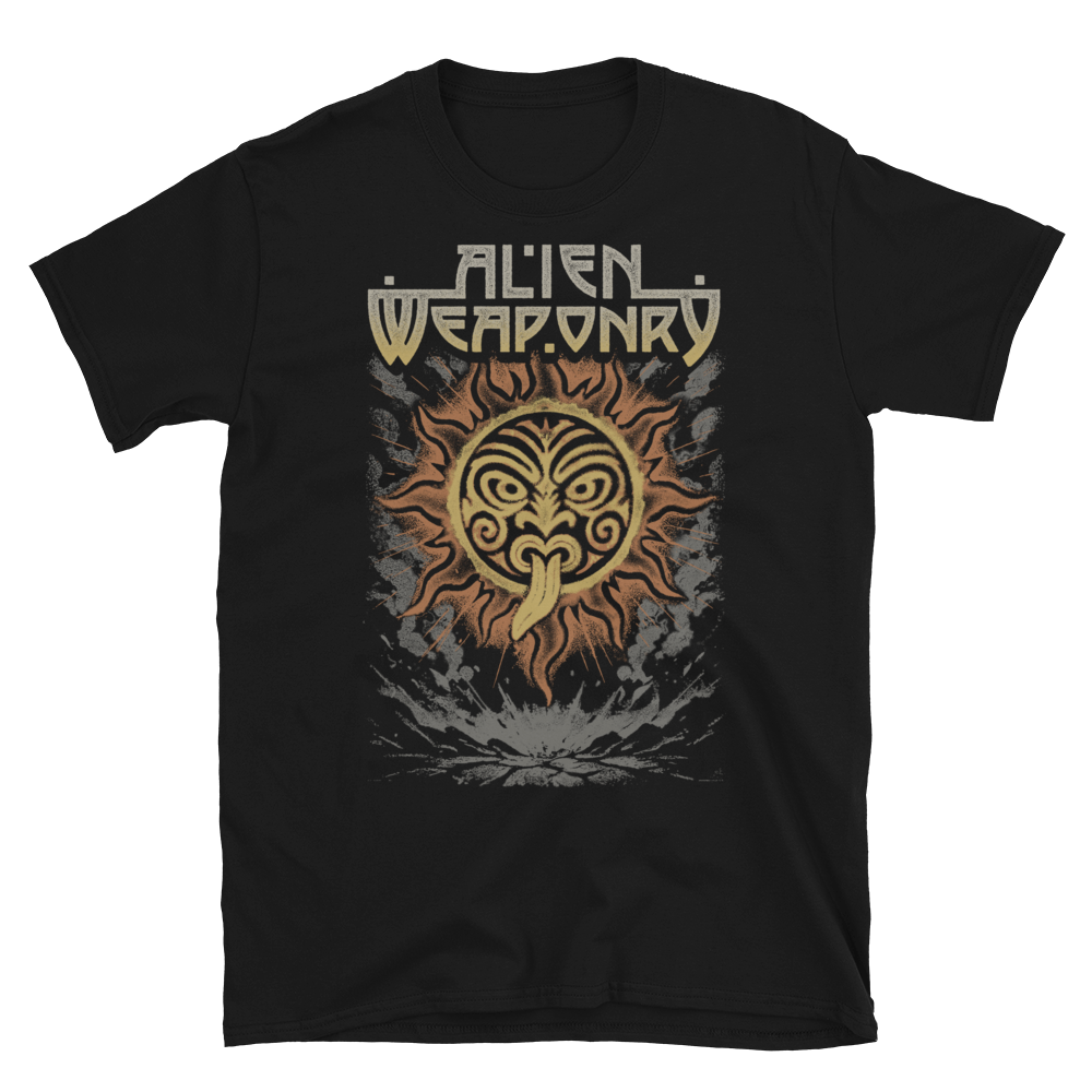 Black t-shirt with 'Alien Weaponry' logo featuring a sun design on a white background