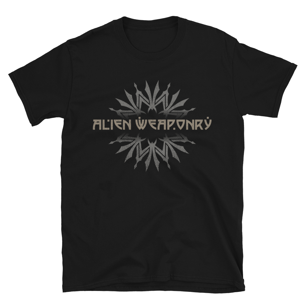 Black t-shirt with 'ALIEN WEAPONRY' graphic design on a white background