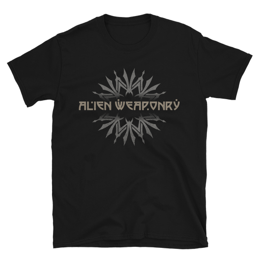 Black t-shirt with 'ALIEN WEAPONRY' graphic design on a white background