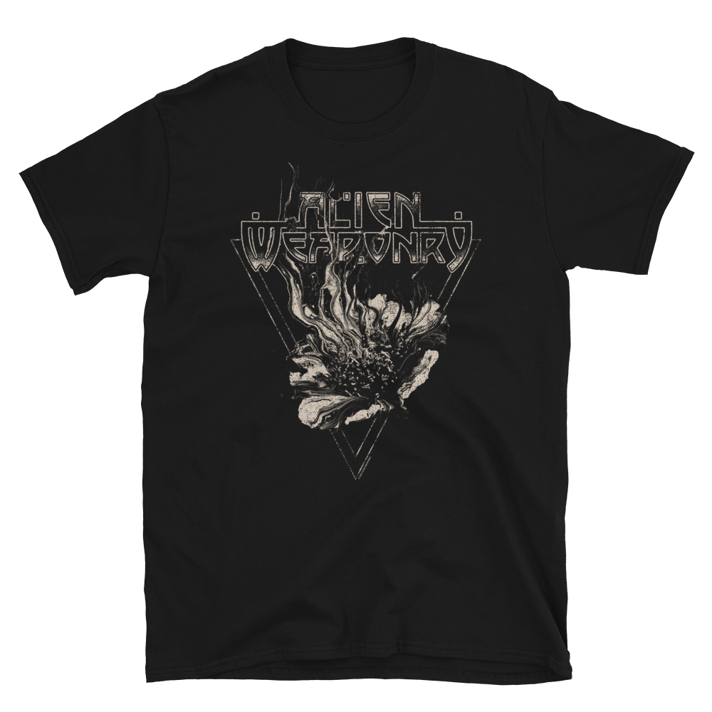 Black t-shirt with graphic design and text on a white background
