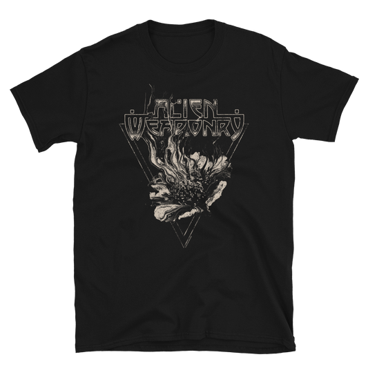 Black t-shirt with graphic design and text on a white background