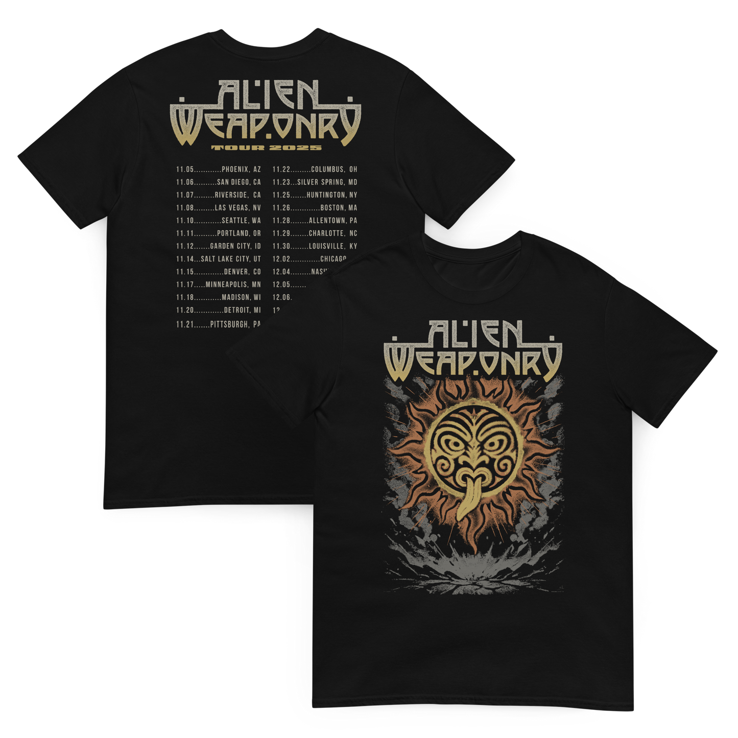 Black t-shirt with 'Alien Weaponry' logo and sun design on a white background