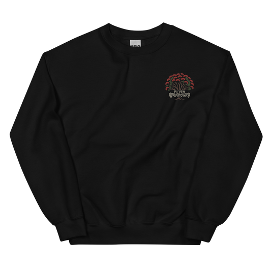 Black sweatshirt with a colorful Alien Weaponry design on the chest against a white background